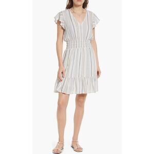 Rails Tara Montauk Stripe boho  Dress M Linen Blend Smocked Waist Ruffle summer